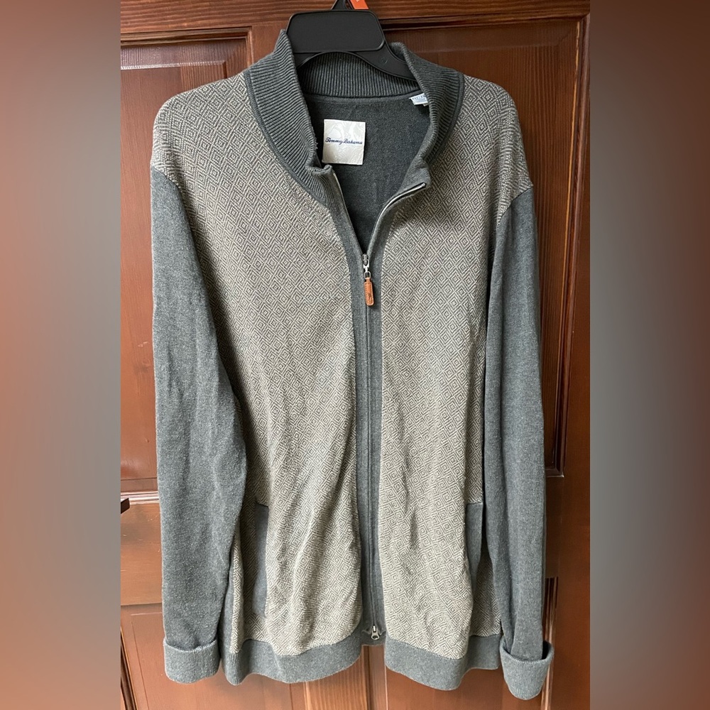 Tommy Bahama Men’s Stone Town Full Zip Sweater Jacket XLT Gray Herringbone